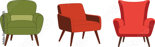 Mid Century Armchair Clipart Set, 3 Colorful Retro Lounge Chairs Flat Vector Illustration