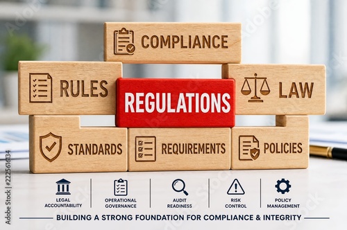 Wooden blocks depicting regulations in compliance and management concepts