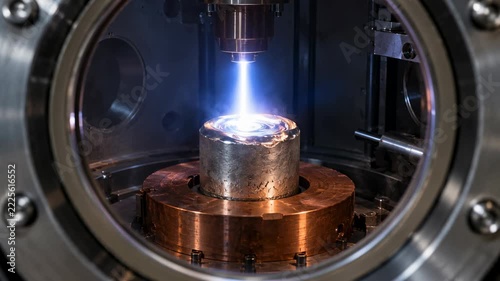 Industrial Plasma Treatment and Precision Laser Welding of Metal Components Inside Vacuum Chamber with Blue Energy Beam and Glowing Sparks