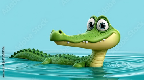 Friendly 3D cartoon crocodile with expressive eyes and open toothy smile above turquoise water, colorful digital illustration of a swimming reptile character