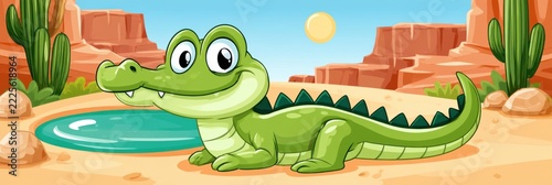 Cheerful green cartoon crocodile with big eyes, curved tail, and dark back spikes beside a turquoise oasis in a sunny desert canyon illustration