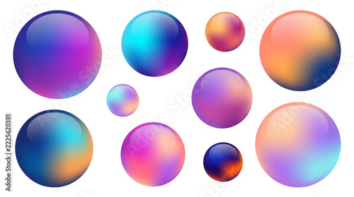 Set of colorful vibrant gradient spheres and abstract 3d holographic fluid orbs isolated on white background for modern design