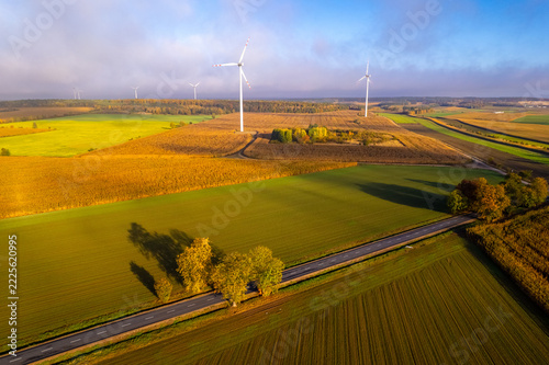 Wind turbines in a rural agricultural landscape during sunrise