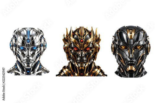 Robotic AI Heads in Silver, Gold, and Black Chrome with Glowing Eyes on a Black Background