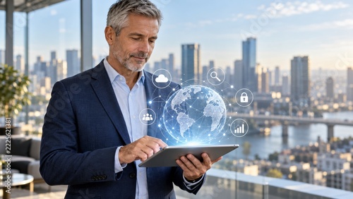 Businessman Holding Tablet Beneath Connected Globe and Digital Service Icons