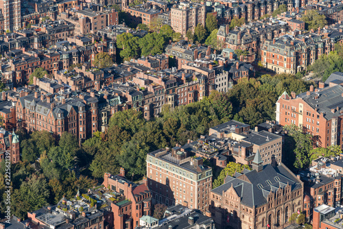 Aerial view of Boston’s Back Bay neighborhood, known for its Victorian brownstone houses, Massachusetts, USA
