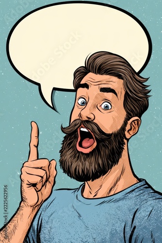 Expressive bearded illustrated man with swept back hair and raised finger shouting in surprise beneath an empty speech bubble, blue shirt, comic style portrait