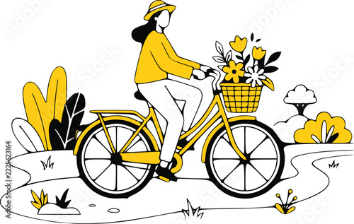 Woman Riding Yellow Bicycle With Flower Basket In Nature