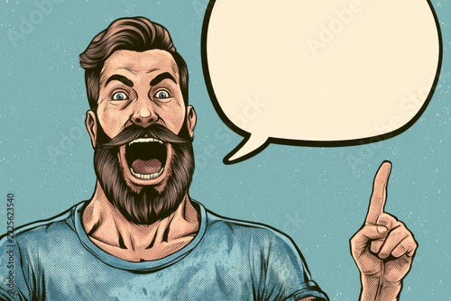 Expressive bearded man with swept back brown hair and thick mustache pointing upward beside an empty speech bubble in colorful comic book illustration