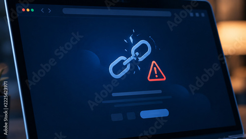 Broken link warning on laptop screen showing website error and security issue