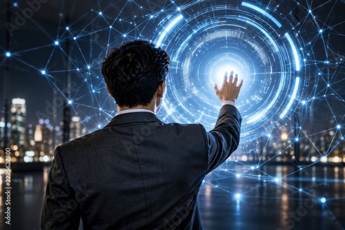 Person Reaching Toward Circular Digital Interface Amid Blue Network Connections