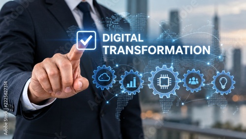 Person Pressing White Checkmark Beside Digital Transformation Text and Blue G...
