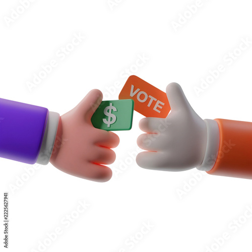 3D cartoon hands exchanging cash for vote corruption political bribery election fraud concept isolated on black background