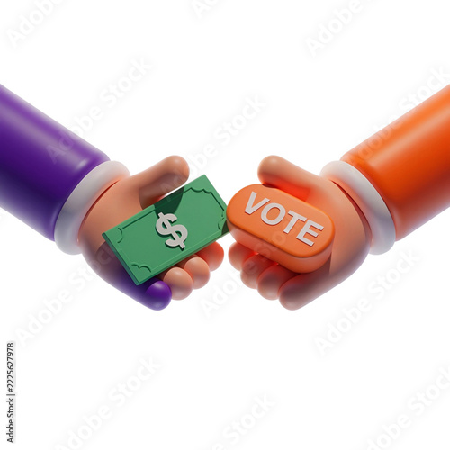 3D cartoon hands exchanging cash for vote corruption political bribery election fraud concept isolated on black background
