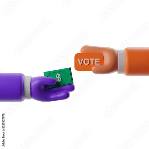 3D cartoon hands exchanging cash for vote corruption political bribery election fraud concept isolated on black background