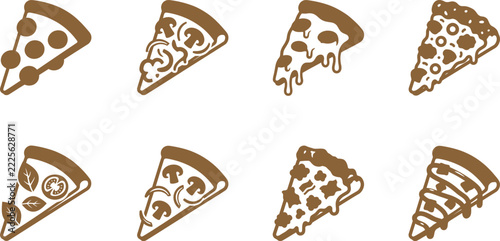 Collection of delicious pizza slices arranged in a grid pattern on white background