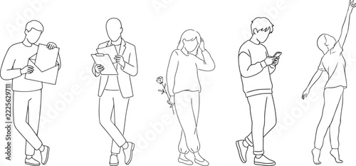 Set of young people doing daily activities in simple black and white line art style for modern design projects