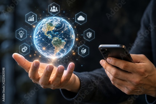 Hands presenting glowing global transformation interface beside smartphone