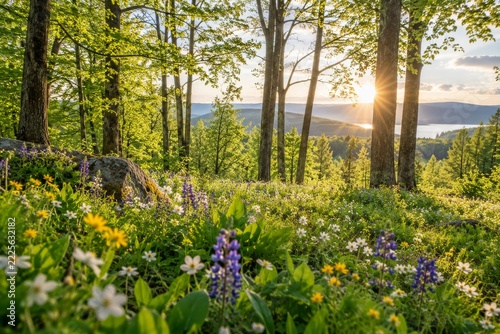 Sunlit spring wildflowers bloom across a peaceful woodland meadow
