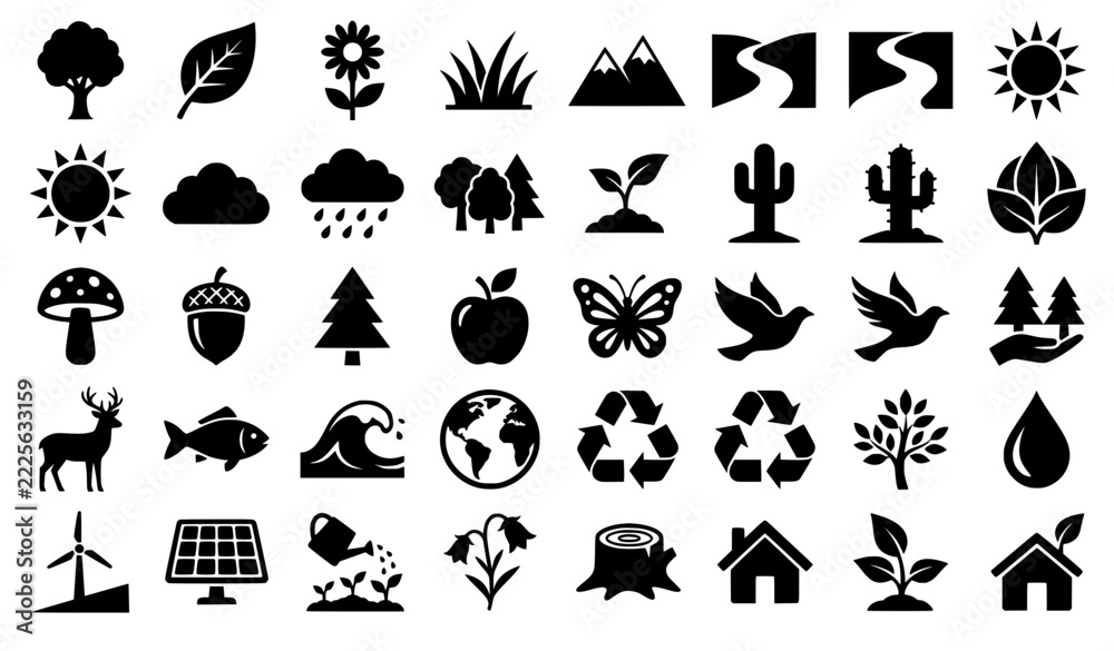 Fototapeta premium Nature Vector Glyph Icon Set with Trees Plants Wildlife and Environmental Symbols