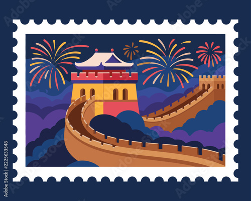 Fotografie Great Wall of China vector design featuring a stylized commemorative postage sta