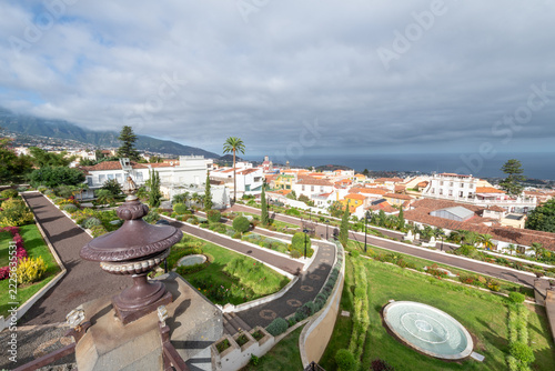 Beautiful view of Victoria Gardens (Jardines del Marquesado de la Quinta Roja) with fountains and historic buildings in La Orotava, Tenerife, Canary Islands, Spain