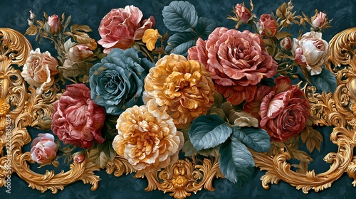 Ornate baroque gilded scrollwork with flowers and shell motif