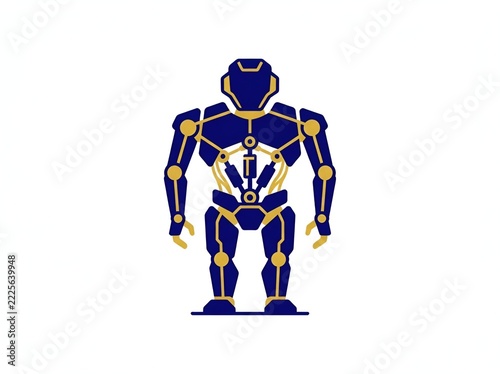 Robotic exoskeleton suit standing upright in a clean graphic composition showcasing advanced mechanical joints and cybernetic armor plating.