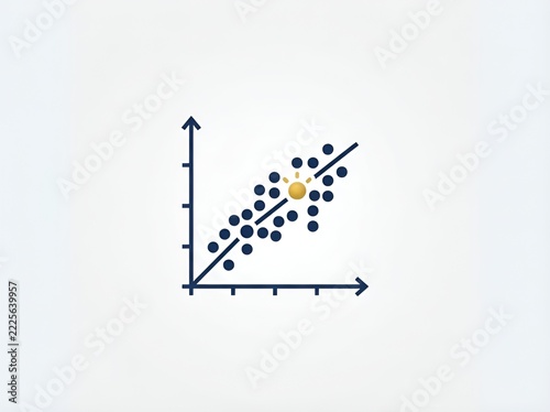 Scatter plot graph featuring statistical data points distributed along a linear regression trend line with a highlighted golden anomaly dot.
