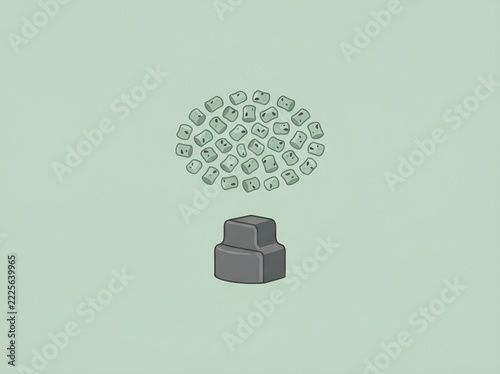 Cloud computing network architecture illustration featuring a central server unit connected to multiple data packets floating in digital space.
