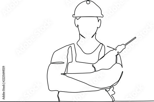 Continuous one  line art of young handyman wearing uniform while holding drill machine. One line art of repairman construction maintenance service concept.