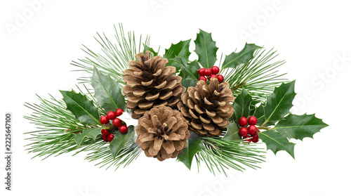 Fresh green pine cone and holly branch with red berries in festive holiday arrangement