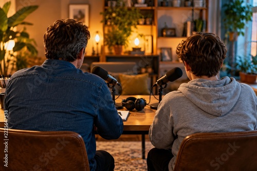 Parent and Teenager Recording a Home Podcast