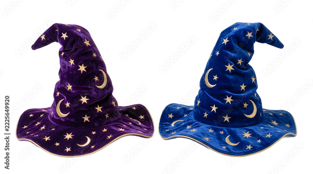 Naklejka premium Two magical blue pointed wizard hats with sparkles