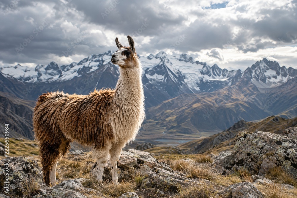 Naklejka premium Shaggy llama among mountain rocks beneath snowy peaks and heavy clouds