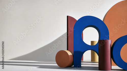 Cobalt and Apricot Geometric Sculptures with Long Sunlit Shadows — Abstract Background