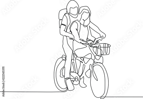 Continuous one line art of happy funny young couple riding on bicycle. Romantic teenage couple ride bike. Young man and woman in love. Happy married couple