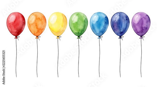 Balloons in a row display a vibrant rainbow spectrum.