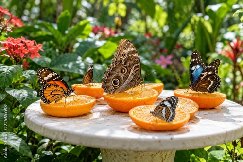 Colorful butterflies feeding on orange slices in a lush garden setting