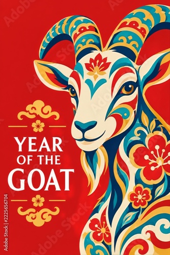 Colorful ornamental goat head beside white lettering on a red cover