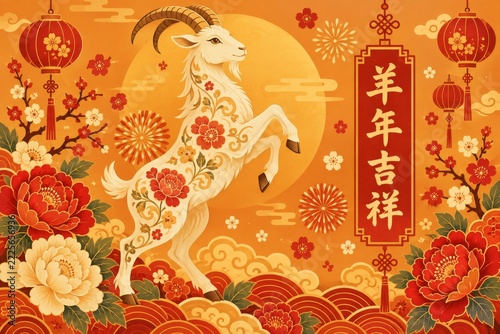 Pale golden floral goat rearing among blossoms on an orange festive poster