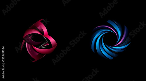 Abstract metallic swirls in red and blue against a dark background representing technology and branding