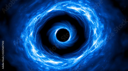 Abstract swirling blue energy vortex with a dark singularity at the center during deep space exploration