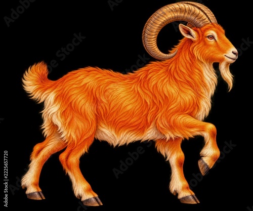 Bright orange textured goat with curled horn and a raised foreleg cutout
