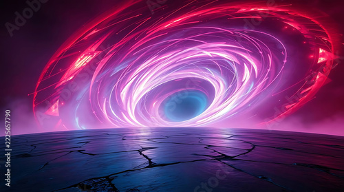 Vibrant pink energy vortex over cracked ground with glowing blue core during cosmic event