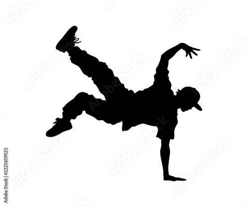 Breakdancer dynamic black silhouette icon. Hip hop acrobatic break dancer breakdancing young man silhouette vector design and illustration.

