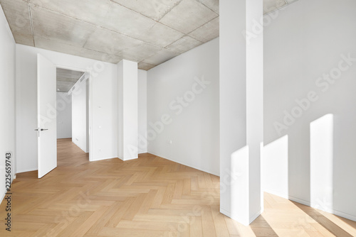 Modern empty apartment room interior mockup with white walls, column, and open door.