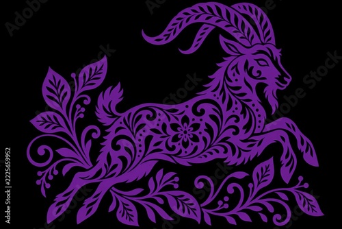 Purple ornate leaping goat with patterned leaves and curling foliage