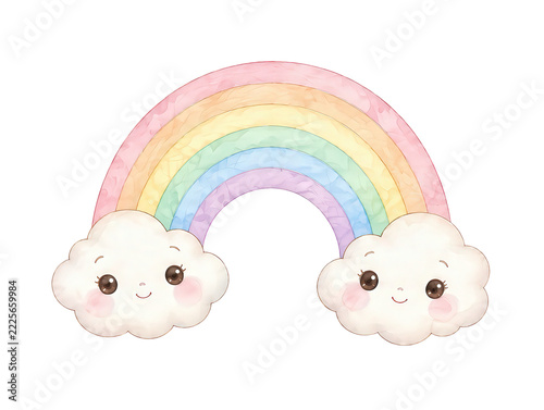 Pastel rainbow with clouds, watercolor clipart for kids, transparent background PNG