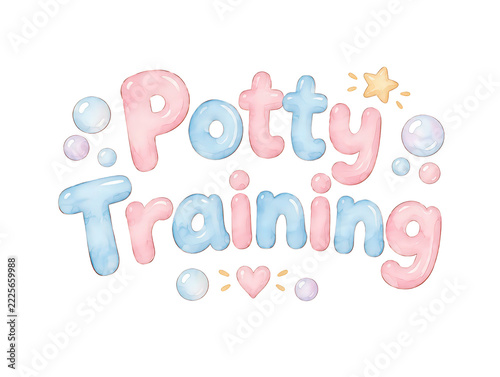 Potty Training lettering, colorful watercolor bubble text clipart, transparent background PNG